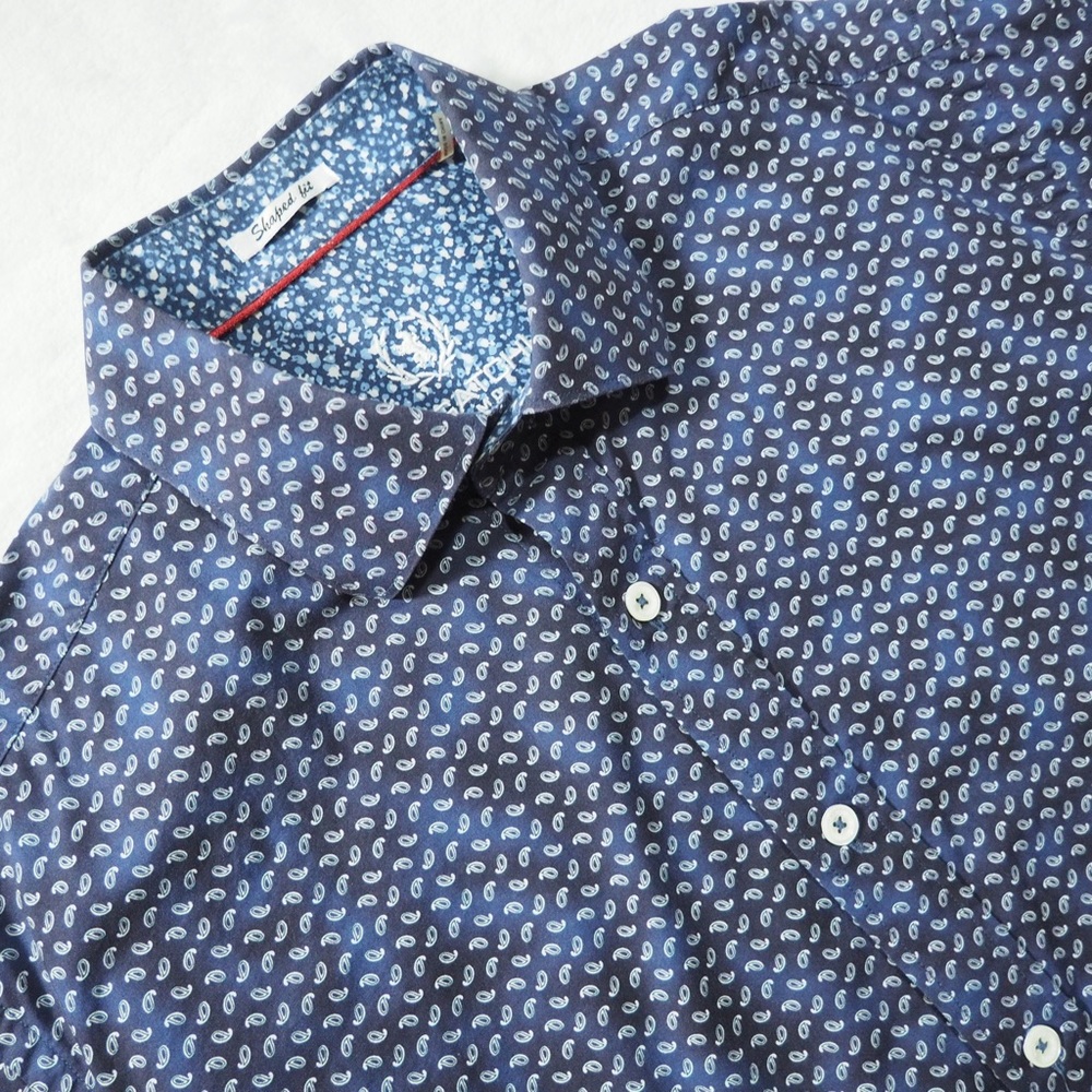 Bugatchi Sz S Spaded Fit Navy Shirt with White Paisley Print 100% Cotton